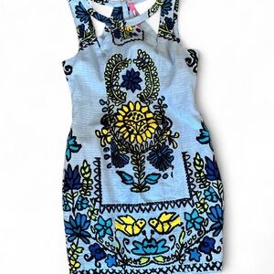 Tracy Reese Light Blue Floral Zip-Front Mini Dress with Yellow & Navy Accents